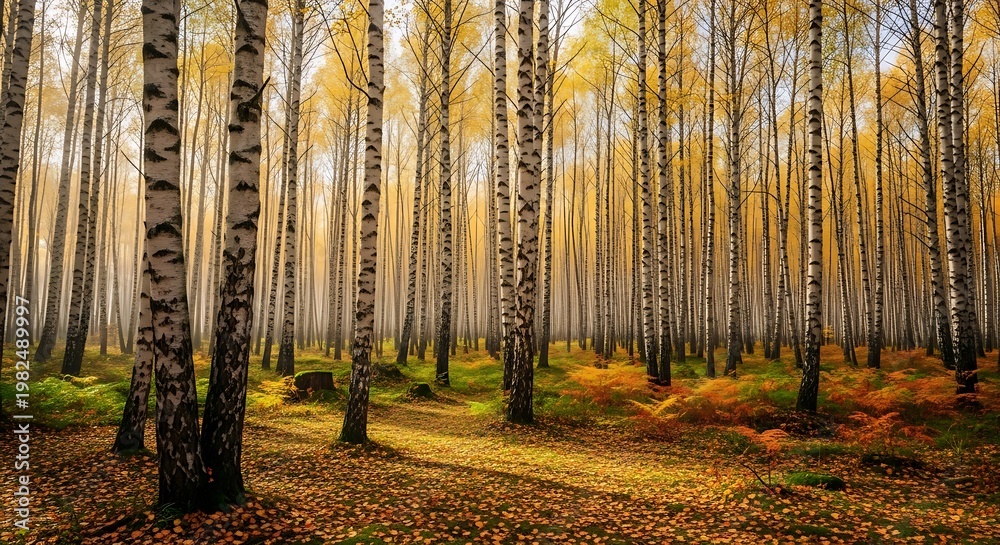 Obraz premium Golden autumn forest a fall landscape with birch trees and vibrant foliage