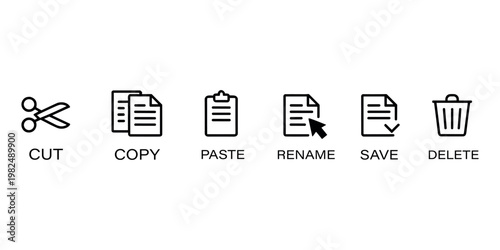 Computer file management cut copy paste rename save delete in white background