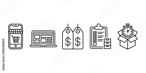 Ecommerce with smartphone laptop price tags checklist and clock in box shopping in white background