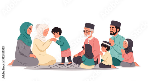 In a colorful vector illustration, a Muslim family celebrates Eid al-Adha, with children respectfully greeting elders during the Eid gathering scene, all depicted against a clean white