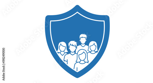 Group of people protected by a blue shield icon.