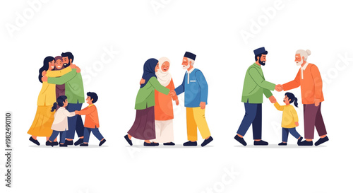Eid al-Adha is celebrated with a heartwarming Muslim family celebration illustration, showcasing diverse generations in traditional attire exchanging greetings against a clean white
