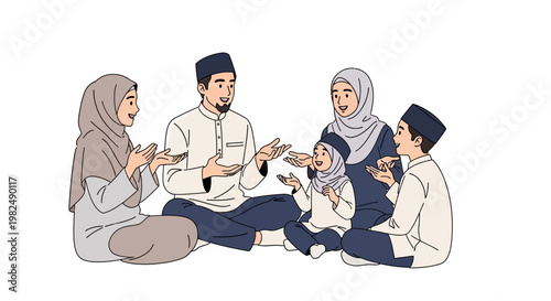 A joyful Muslim family, including parents and children, dressed in traditional attire, celebrating Eid al-Adha together in a warmly illustrated gathering against a clean white background