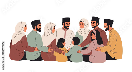 A diverse Muslim family, depicted in a detailed vector illustration, is gathered tightly together in a joyful Eid al-Adha celebration, with warm, inviting colors against a clean white