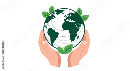 Human hands holding a green globe with leaves representing earth conservation and sustainability.