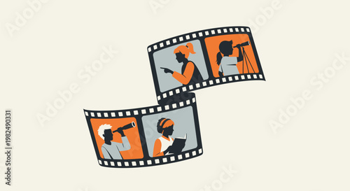 Illustration of film strip frames showing people using binoculars and tablets.