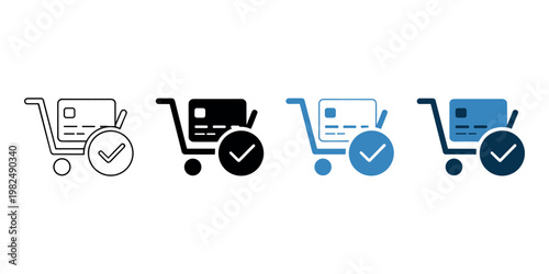 Shopping cart with checkmarks in various colors black white blue in white background