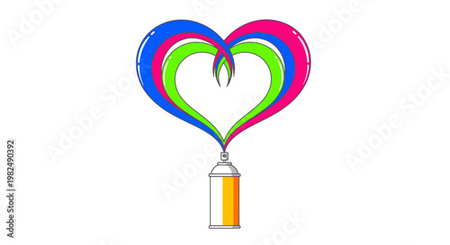 Spray paint can creating a vibrant rainbow heart illustration.