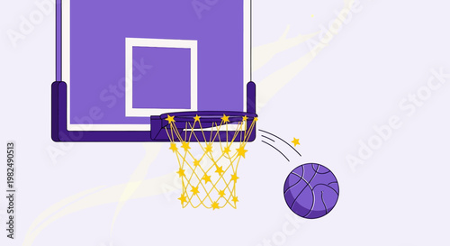 Basketball hoop with a ball bouncing off the rim in a flat illustration style.