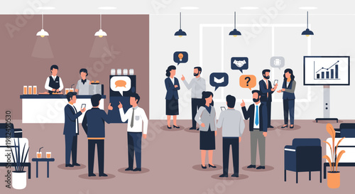 Business professionals communicate ideas, share information, and discuss strategies in a modern office cafe setting. people engage in dialogue, exchange thoughts, and analyze