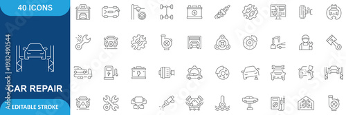 Car Repair icon set. Car service and Maintenance icon. Containing repair, maintenance, inspection, parts, units, elements and more. Editable stroke. Vector File