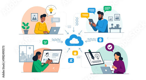 Four individuals collaborating, sharing data via cloud computing, depicted with clean lines, vibrant colors, and communication symbols, ideal for business, technology, and