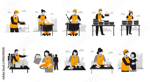 Volunteers serving hot soup and bread to people in need, sharing compassion and care. workers preparing food, distributing meals, and offering comfort to the hungry. charitable