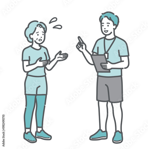 若い男性スポーツトレーナーに困り顔で相談をしているシニア女性のイラスト