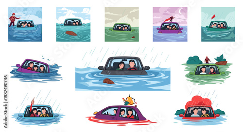 Family trapped inside car during a flood, illustration showing various scenarios of rescue and danger, with different car colors and water levels, featuring rain, emergency
