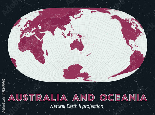 Australia and Oceania. World map. Natural Earth II projection centered to Australia and Oceania. Pale Mint Dark Pink palette. Vintage texture. Amazing vector illustration.