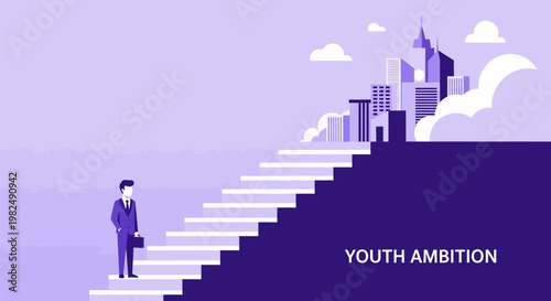 A determined businessman stands at the bottom of a staircase leading toward a city skyline.