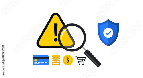 Warning sign, magnifying glass, shield, credit card, coins, dollar symbol, and shopping cart elements in a flat design style, illustrating security, failure, and financial issues