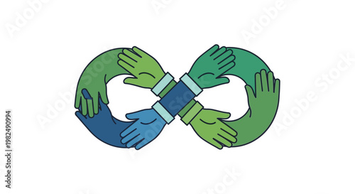 Infinity loop formed by diverse hands holding each other together.