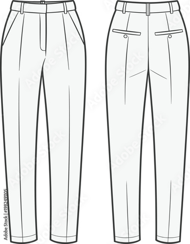 Flat vector tailored trousers technical sketch, front and back fashion illustration