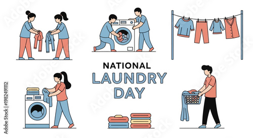 Line art vector illustrations depicting National Laundry Day, showcasing various scenes of people doing laundry, including washing clothes in a washing machine, hanging clothes on a line