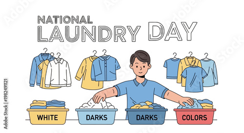 Illustrated vector design for National Laundry Day featuring a person sorting clothes into labeled baskets, with hanging garments above, set against a clean white backdrop in a bright