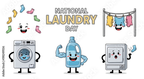 Whimsical vector illustration celebrating National Laundry Day, featuring animated washing machines, detergent, and clotheslines against a clean white background, conveying a playful
