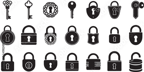 Collection of various lock and key icons in black on white background