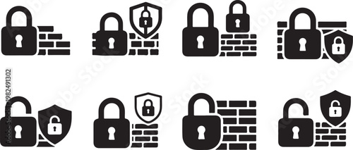 Security icons with locks and shields on white background