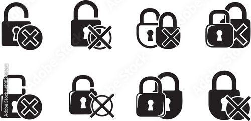 Set of black padlock and security icons with crosses on white background
