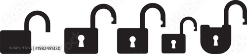 Various black padlocks in different shapes and sizes are shown  security concept