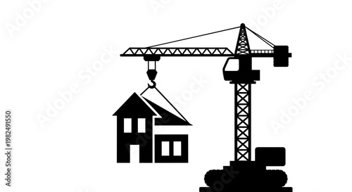 Construction Crane Lifting House Building.