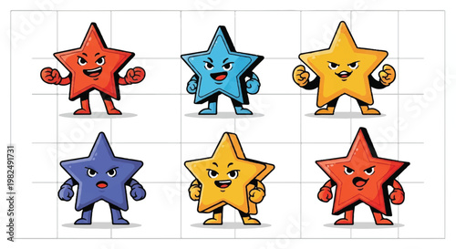 Cartoon star characters in various colors posing with expressions