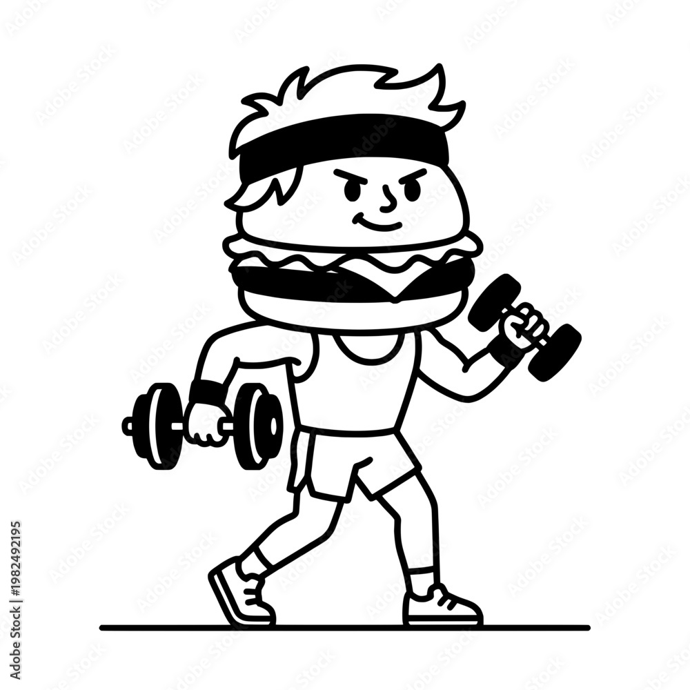 Naklejka premium hamburger character lifting dumbbells line drawing illustration vector clipart black and white