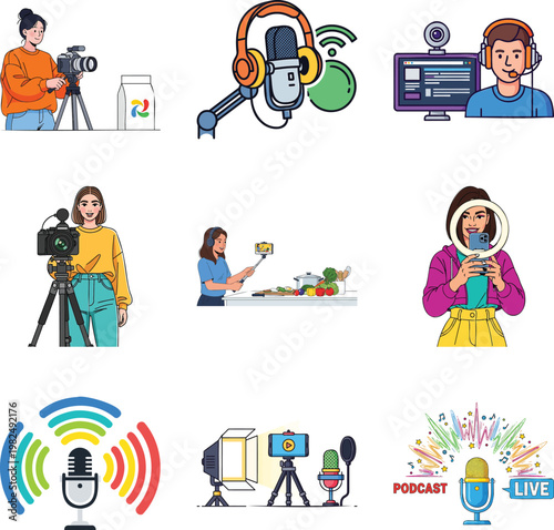 Set of creators, podcasters, and production msea set influencer vlogger