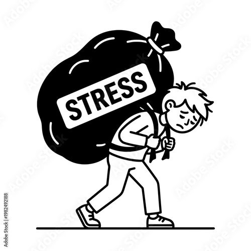person carrying heavy stress bag line drawing illustration vector clipart black and white