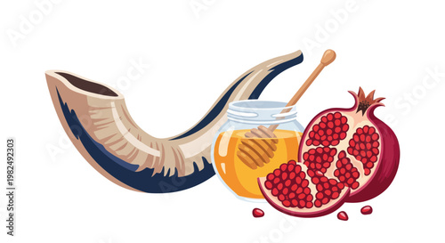 Shofar, Honey Jar, and Pomegranate for Rosh Hashanah Jewish Holiday