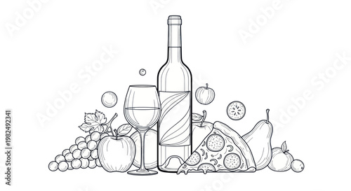 Wine Bottle, Glass, Pizza Slice, Grapes, Apples, Pears, and Berries Still Life Line Art
