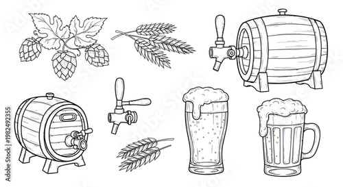 Beer Brewing Elements: Hops, Wheat, Barrels, Taps, and Glasses - Hand-Drawn Sketch