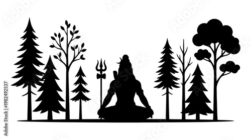 Lord Shiva meditating in a serene forest silhouette.