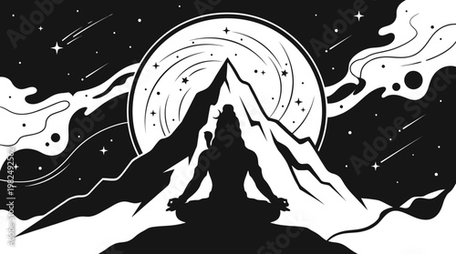 Meditating figure in lotus pose with mountain silhouette.
