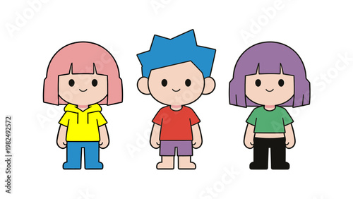 Three adorable cartoon children with colorful hair and casual clothes.