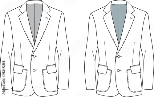 Fashion sketch blazer jacket, notched lapels, front buttons, flap pockets, flat vector
