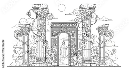 Intricate Fantasy Gate with Ornate Columns, Mystical Archway, and Robed Figure. Detailed Ancient Mythology Line Art Coloring Page.