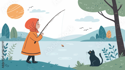 A young girl fishing with her cat by a serene lake on a sunny day