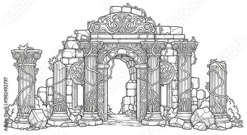 Detailed Line Art Illustration of Ancient Ornate Stone Ruined Archway with Columns, Vines, and Debris. Black and White Outline Drawing.