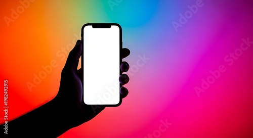 Silhouette Hand Holding Smartphone on Rainbow Background
