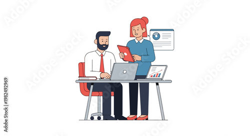 Two professionals collaborate in a modern office, analyzing data on laptops and a tablet to achieve their business goals.