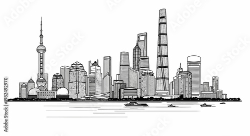 Modern Urban City Skyline Sketch Illustration. Hand-drawn black and white cityscape with towering skyscrapers and waterfront view.