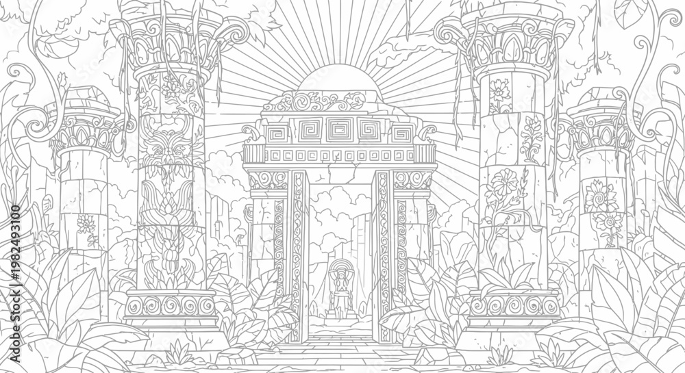 Obraz premium Intricate Ancient Temple Ruins Line Art Illustration with Overgrown Jungle Vines and Mystical Sunburst. Fantasy Coloring Page.